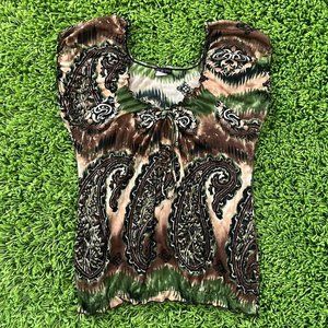 vintage y2k green and brown puff sleeve blouse